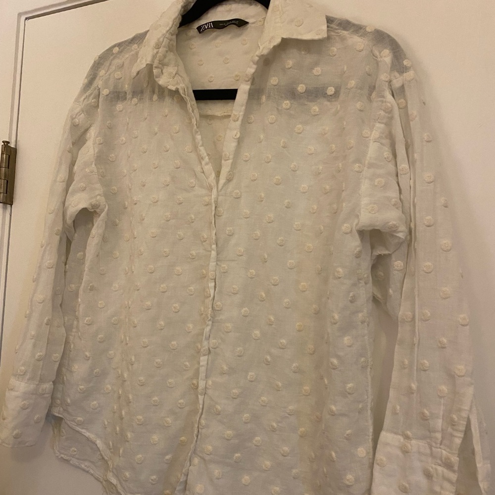 Zara White Textured Dot Button down Shirt